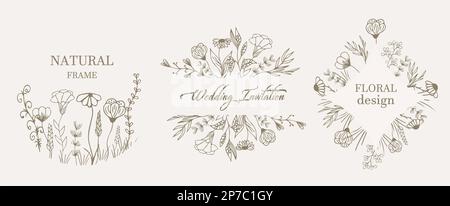 Eleganter Rahmen, Hintergrund, Blumenkranz, handgezeichnetes Monogramm mit handgezeichneten Wildkräutern und Blumen. Einzigartige botanische Illustrationen für Einladungen Stock Vektor