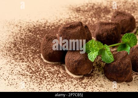 Schokoladentrüffel und Minzblätter vor beigefarbenem Hintergrund. Nahaufnahme dunkler Schokoladenkonfektion mit Kakaopulver. Hausgemachtes Gourmet-Dessert. Stockfoto