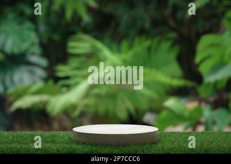 Beton Podium Tischplatte Boden auf grünem Gras Unschärfe im Freien Monstera Tropenwald Pflanze Natur background.Organic gesunde natürliche Produktplatzierung Stockfoto