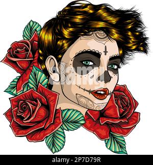 Vektordarstellung eines Schädelmädchens mit Rosen. Schädelzuckerblume. Stock Vektor