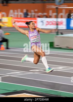 Jazmin Sawyers aus Großbritannien und NI treten im Langsprung-Finale der Frauen bei der Europameisterschaft der Leichtathletik in der Ataköy Athletics Arena an Stockfoto