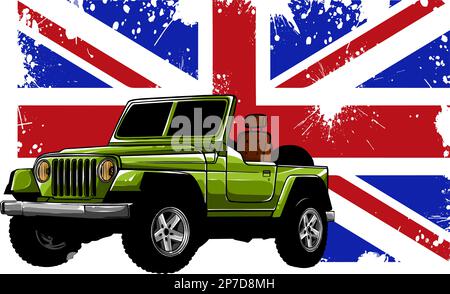 Jeep mit einer flachen vektordarstellung der londoner Flagge Stock Vektor