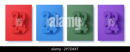 Frohes Neues Jahr 2023. Realistische, einfarbige 3D-Farbzusammensetzung aus großen Zahlen und Geschenkbox, lineares Symbol, isolierte Vorlage für Grußkarten, farbenfroh Stock Vektor