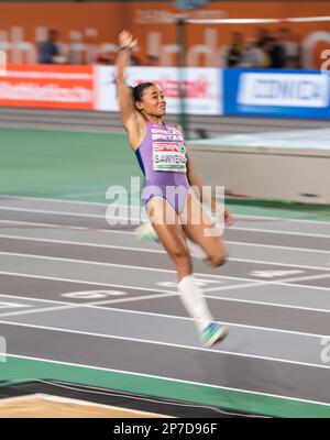 Jazmin Sawyers aus Großbritannien und NI treten im Langsprung-Finale der Frauen bei der Europameisterschaft der Leichtathletik in der Ataköy Athletics Arena an Stockfoto