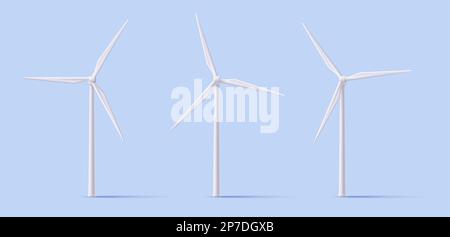 Vorderansicht und Winkelansicht der Windturbine. Alternative Stromerzeugung aus erneuerbaren Energien, Konzept für grüne Energie, isolierte Symbole Stock Vektor