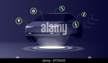 Automobil-Diagnostik im digitalen futuristischen Stil. 3D modernes SUV mit automatischer Hervorhebung und Servicesymbolen, dunkle Farben Stock Vektor
