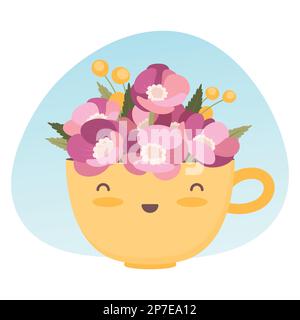 Süßer gelber Becher mit rosa Blumen. Cartoon-Figur im flachen Stil. Schöne Illustration für die Grußkarte zum Muttertag oder Geburtstag. Ein glücklicher Stock Vektor