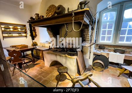 historische Küche im Museum Grimm-Haus, Steinau an der Straße, Hessen, Deutschland, Europa Stockfoto