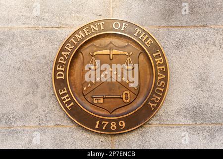 US-Finanzministerium in Washington, D.C., USA. Versiegeln Sie das Gebäude. Stockfoto