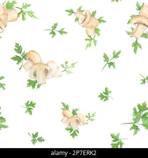 Aquarellmuster von Champignons und grünen Petersilien-Blättern. Handgezeichneter Rahmen in Aquarell auf weißem Hintergrund. Ideal zum Drucken auf Textilien, Postwagen Stockfoto