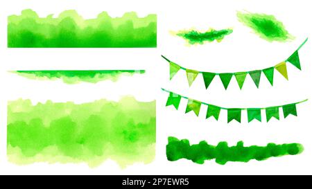 Aquarell handgezeichnete grüne Blätter Klee Farbflecken und Flaggen für St. Patrick's Day bringt Glück. Element auf weißem Hintergrund isoliert Stockfoto