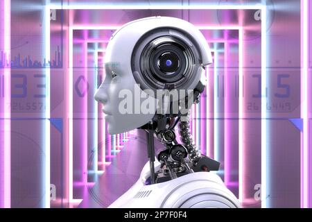 Künstlerische 3D-Darstellung eines Cyborgs mit künstlicher Intelligenz Stockfoto