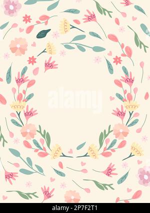 Leuchtende Karte mit Blumenkranz und Platz für Text. Bunte Blumen und Herzen. Minimalistische Kompositionen sind ideal für Einladungen, Postkarten, Banner, Hochzeiten. Vektordarstellung. Stock Vektor
