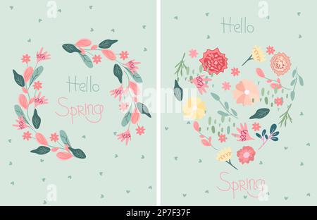 Eine helle Komposition mit Frühlingsblumen, grünen Blättern und der Inschrift Hallo Frühling. Frühlingsblumen. Ideal für Grußkarten, Karten, Banner, Poster. Vektorgrafiken Stock Vektor
