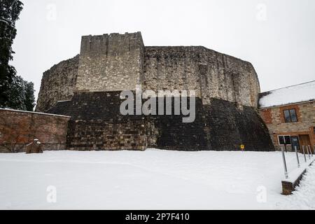Farnham Castle in the Snow, Surrey, England, Großbritannien Stockfoto