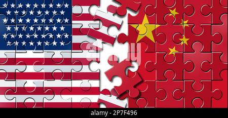 Chinesische amerikanische Herausforderungen und China USA Streit oder wirtschaftliches Puzzle und geopolitisches Streitkonzept. Stockfoto