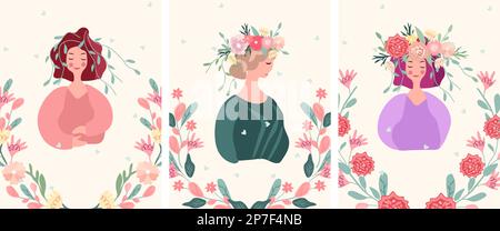 Leuchtende Karten mit einer Frau im Kranz und blühenden bunten Blumen. Internationaler Frauentag. Frühlings- und Sommerblumen sind ideal für Einladungen, Karten, Banner, Hochzeiten. Vektor. Stock Vektor
