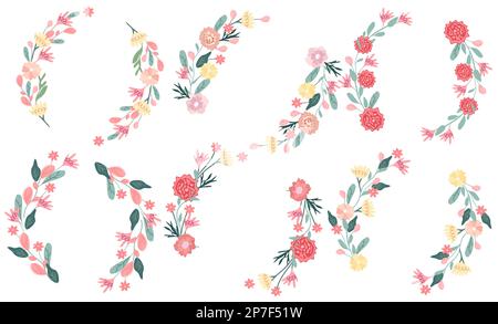 Helle Blumenkranze auf weißem Hintergrund. Blühende farbige Blumen als Symbol von Glück, Freude, Liebe. Frühlingskränze sind ideal für Einladungen, Karten, Banner, Hochzeiten. Vektordarstellung. Stock Vektor
