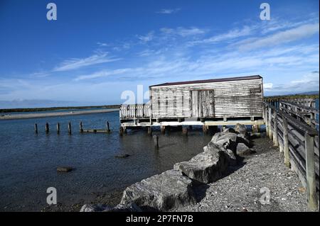 Anlegestelle, Anlegestelle und Bootshaus an der Westküste von Okarito. Während des Goldrauschs von 1860er stiegen in Okarito mehr als 500 Bergleute an einem Tag aus. Stockfoto