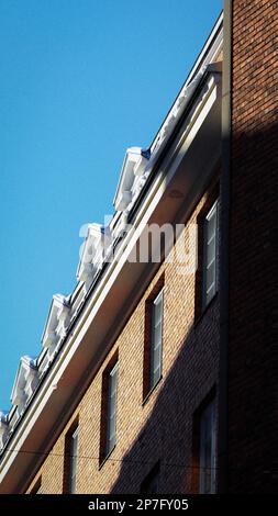 Nahaufnahme eines roten Backsteingebäudes mit weißen Dornröschen in Helsinki, Finnland Stockfoto