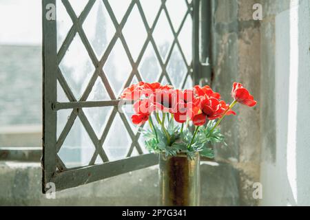 Eine Vase aus rotem Mohn, die neben einem alten Fenster aus bleifreiem Glas steht. Stockfoto