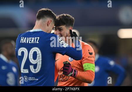 England, London, 07. März 2023 - Kai Havertz und Kepa Arrizabalaga von Chelsea feiern während der UEFA Champions League-Runde von 16. Teilstrecke zwei Be Stockfoto