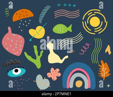 Gruppe abstrakter Formen auf dunklem Hintergrund. Eine Reihe von Designelementen, die Pflanzen, Tieren und der Natur ähneln. Modernes Grafikdesign. Stock Vektor