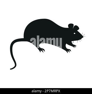 Die schwarze Silhouette einer Ratte oder Maus sitzt mit Schwanz, Pfoten und Ohren auf weißem Hintergrund EPS 10 Stock Vektor