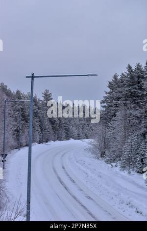 Blick auf eine rutschige Winterstraße auf der schwedischen Landseite, Schnee und Eis hängen von den Bäumen. Umea, Vasterbotten. Stockfoto