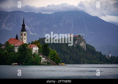Insel Bled mit Marienkirche, Schloss Bled und St. Martins Gemeindekirche am Bled-See, Slowenien Stockfoto