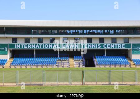 Der Devonshire Park Lawn Tennis Club, der jedes Jahr im Juni/Juli das Eastbourne International Tennis Turnier in East Sussex, Großbritannien, ausrichtet Stockfoto