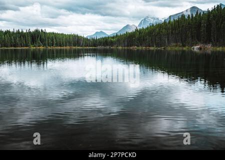 Herbert Lake in Alberta, Kanada an einem bewölkten Tag mit atemberaubenden Bergen und Wasserreflexionen Stockfoto