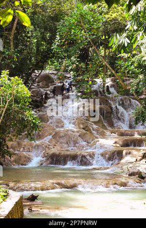 Wasserfälle über Felsen an den Dunn's River Falls in Ocho Rios, Jamaika Stockfoto