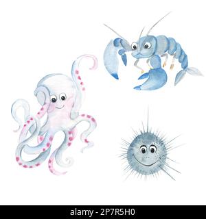 Meerestiere niedliche Tiere, Unterwasserwelt. Unterwasser-Tierarten. Krake, Seeigel, Yabby, isoliert auf weißem Hintergrund. Aquarell von Hand gezeichnet Stockfoto