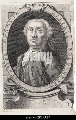 1756 : der italienische Architekt GIUSEPPE ANTONIO ALBERTI ( Bologna , 1712 - 1768 ) , Autor von PIROTECNICA O SIA TRATTATO DEI FUOCHI D'ARTIFICIO, Vorgestellt von J. Magnini - ARTE - ARCHITETTO - ARCHITETTURA - ARCHITEKTUR - KUNST - Porträt - Rituto - Kunst - Perücke - Parrucca - Incisione - Pirotecnico --- Archivio GBB Stockfoto