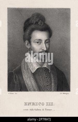 Der König von Frankreich HENRI III ( 1551 - 1589 ), geboren Alexandre-Edouard, war vom 30. Mai 1574 bis zu seinem Tod Mitglied des Hauses Valois, König von Frankreich. Er war auch kurz König des polnisch-litauischen Commonwealth (1573-1574) und ist bei polnischen Historikern als Henryk Walezy ( Henri von Valois ) bekannt . Porträtgravierung , XIX. Jahrhundert , Von G. Tubino - FRANCIA - ROYALTY - VALOIS ANGOULEME Adling - Reali - Re - nobilta' - GAY - Portrait - ritratto - omosessuale - homosexuell - Homosexualität - omosessualità - PORTRAIT - RITRATTO - hat - cappello - ENRICO III - HENRY III - Feathers - Piume - Stockfoto