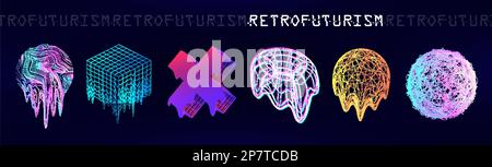 Alte retrowave 3D trendige Formen. Retrofuturistische Kreisstörung und Flüssigkeitseffekte Stock Vektor