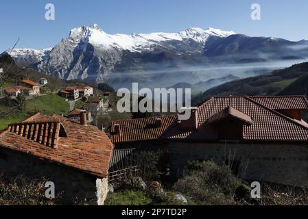 Tejados de teja roja y casa del pueblo de Colio en el valle con niebla de Liébana, con sus prados verdes y la Montaña nevada que los circunda. Stockfoto