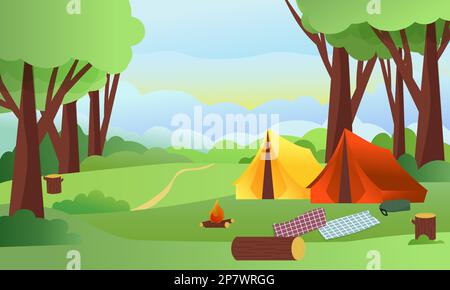 Zwei Zelte auf einer Lichtung im Wald. Camping. Lagerfeuer und Accessoires für die Freizeit. Querformat. Stock Vektor
