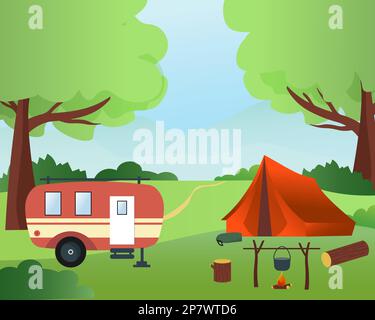 - Auf dem Land im Camping. Wohnwagen, Zelt, Lagerfeuer und Bowler-Hut. Stock Vektor