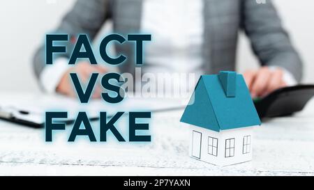 Textunterschrift mit Fakten vs. Fälschungen. Geschäftsüberblick ist es wahr oder falsch, Zweifel zu haben, ob etwas wirklich authentisch ist Stockfoto