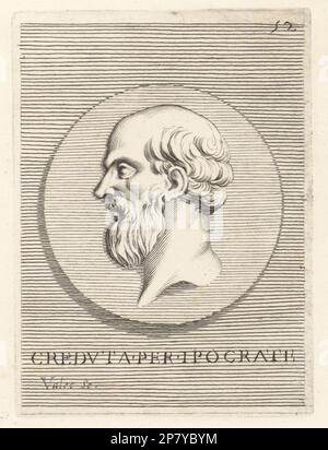 Der Kopf soll Hippokrates aus Kos sein, der berühmte griechische Arzt c.470-370 v. Chr. Kopf eines bärtigen Mannes mit Glatzkopf aus einem runden fleischlichen Juwel. Creduta per Ippocrate. Copperplate-Gravur von Guillaume Vallet nach Giovanni Angelo Canini aus Iconografia, cioe disegni d'imagini de Famosissimi monarchi, would, filososi, poeti ed oratori dell' Antichita, Zeichnungen von berühmten Monarchen, Königen, Philosophen, Dichtern und Ignarern von Rom, 1699. Stockfoto