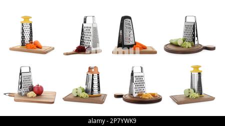 Set mit Edelstahlrosten und frischen Produkten auf weißem Hintergrund. Bannerdesign Stockfoto