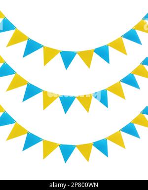 Gelbe und blaue dreieckige Fahnen auf weißem Hintergrund. Festliche Einrichtung Stockfoto