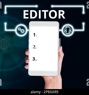 Editor für Signaturanzeige. Eine Person mit Konzeptfotos, die für den endgültigen Inhalt eines Textes verantwortlich ist und diesen bestimmt Stockfoto
