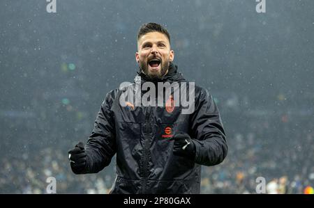 London, Großbritannien. 9. März 2023. Der Olivier Giroud von AC Milan feiert nach der UEFA Champions League-Runde des 16 2. Teilchenspiels zwischen Tottenham Hotspur und AC Milan am 8. März 2023 in London, Großbritannien. Kredit: Xinhua/Alamy Live News Stockfoto