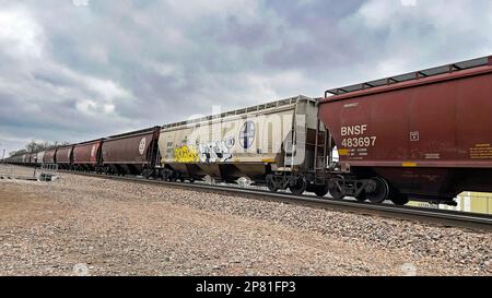 EMPORIA, KANSAS - 8. MÄRZ 2023 Ein BNSF-Güterzug, der Getreidewagen transportiert, die für den Transport von Mais, Weizen und Sojabohnen verwendet wurden, auf denen heute in westlicher Richtung künstlerisches Graffiti gemalt wurde. Stockfoto