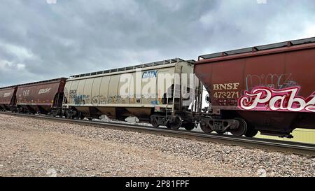 EMPORIA, KANSAS - 8. MÄRZ 2023 Ein BNSF-Güterzug, der Getreidewagen transportiert, die für den Transport von Mais, Weizen und Sojabohnen verwendet wurden, auf denen heute in westlicher Richtung künstlerisches Graffiti gemalt wurde. Stockfoto