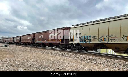 EMPORIA, KANSAS - 8. MÄRZ 2023 Ein BNSF-Güterzug, der Getreidewagen transportiert, die für den Transport von Mais, Weizen und Sojabohnen verwendet wurden, auf denen heute in westlicher Richtung künstlerisches Graffiti gemalt wurde. Stockfoto