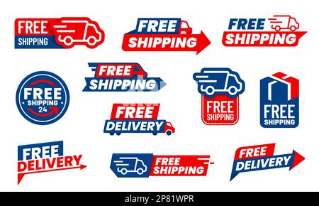 Symbole für kostenlose Lieferung, LKW und Pfeil für Versand oder Kurierdienst Vektor für 24-Stunden-Eilbestellung. Aufkleber für kostenlose Lieferung mit Lieferwagen und PKW Stock Vektor